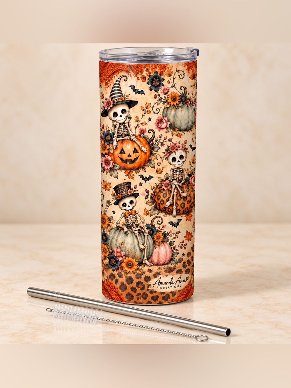 20 oz Boho Halloween Skeleton & Pumpkin Tumbler